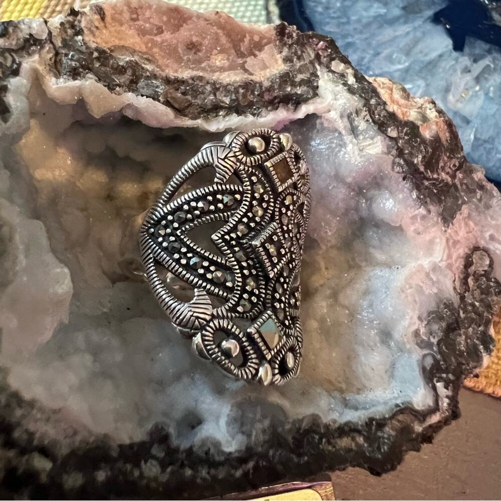 925 Sterling Silver Marcasite Ring Size 6.5 - Picture 10 of 11